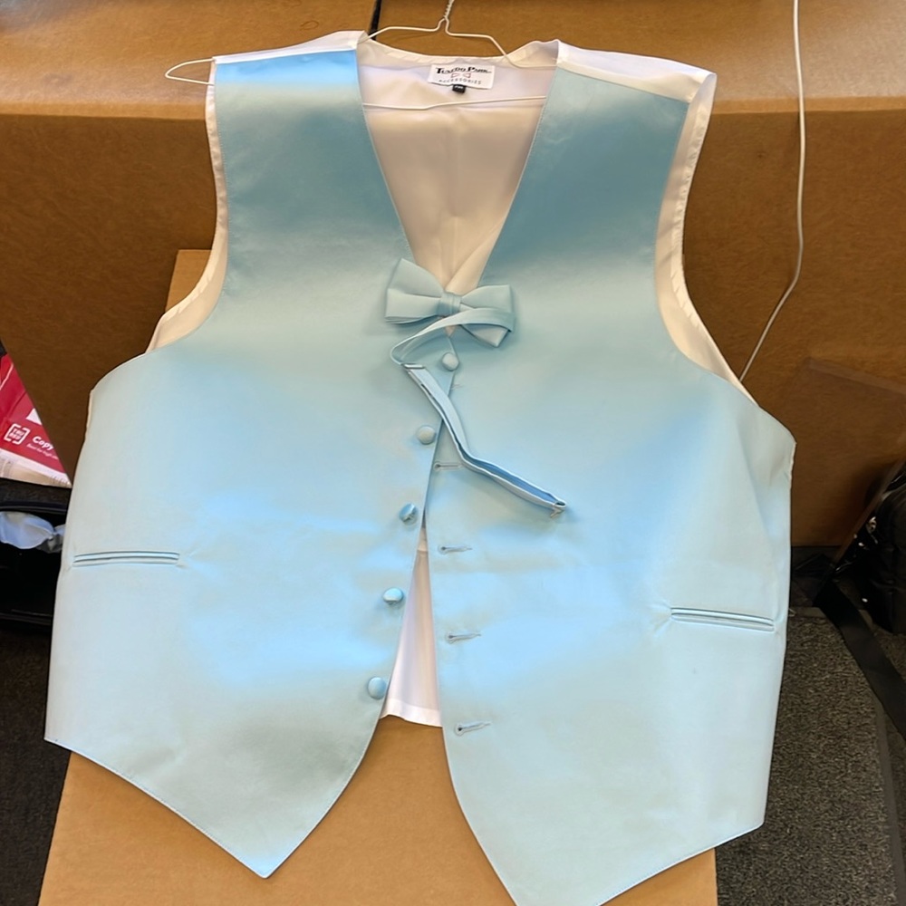 Powder Blue Satin Tuxedo Vest and Bowtie XXLarge New